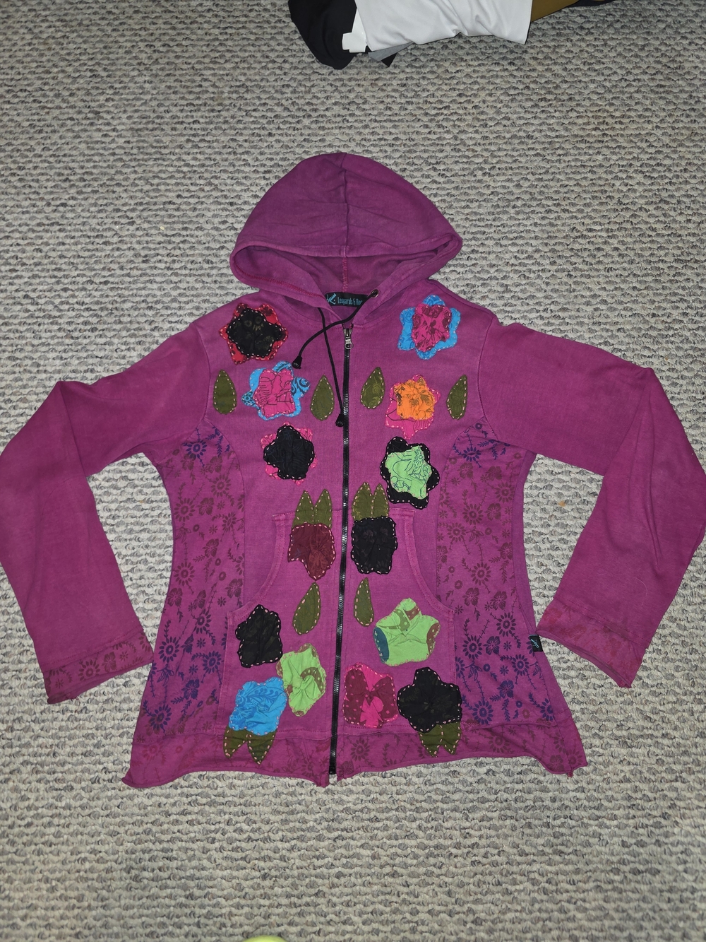 Y2k Leopards & Roses Purple Hooded Zip Jacket with Floral Appliqués